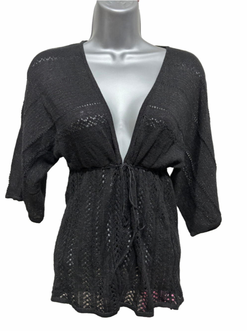 It’s Our Time Black Metallic Crochet Knit Kimono Cardigan Tie-Front Sz S/M